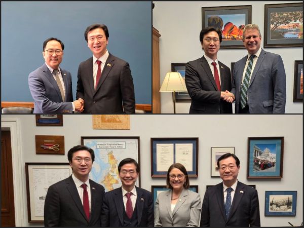 사진 왼쪽부터 앤디 킴 상원의원 , 빌 하이징어 하원의원 , 아래는 수잔 델베네 하원의원과 한미의원연맹 방미단 의원들 모습 ( 강민국의원실제공)